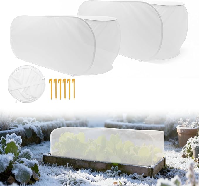 2Pcs Pop-Up Plant Winter Cover, Non-Woven Fabric Shelter with Stakes, Insulated Frost for Garden Beds, Lightweight and Foldable for Shrubs, Vegetables and Small Potted Fruit Trees(2Pcs 39x17x17")