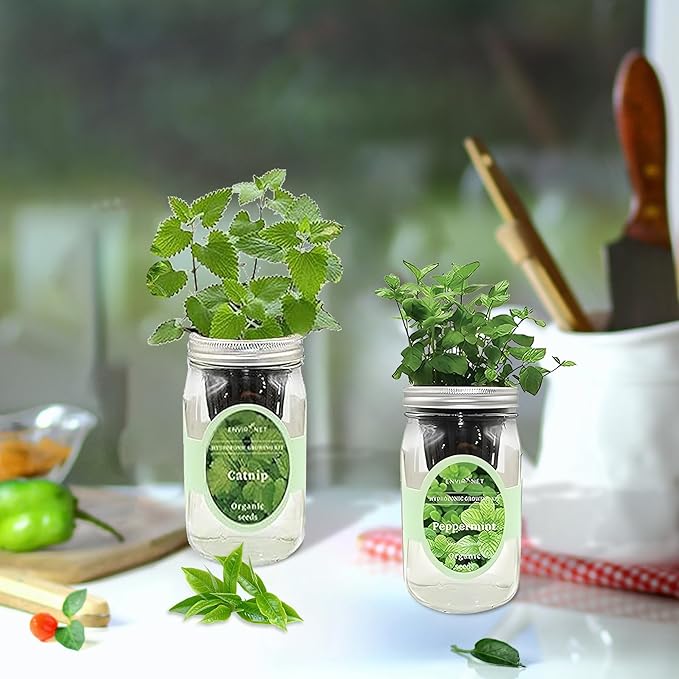 2-Pack Hydroponic Mason Jar Herb Garden Kit, Indoor Herb Garden Self-Watering Starter Kit, New Christmas Gift for Mom (Catnip,Peppermint)