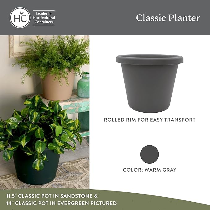 The HC Companies Classic Round Plastic Plant Pot w/Rolled Rim - Lightweight & UV Resistant Flower Pot for Herbs & More - Outdoor & Indoor Plant Pots w/Drainage (17 inch Warm Gray, Pack of 1)