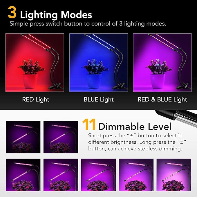 iPower LED Grow Light with Full Spectrum for Indoor Plants, Adjustable Gooseneck, 3 Light Modes&11 Dimmable Levels, 3 Auto Timing Modes, Red&Blue