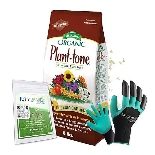 Espoma PT8 Organic Plant-Tone 5-3-3; 8 lb. Bag All Purpose Plant Food; with My Garden Pool PH Soil Test Strips 20 ct, and Gardening Claw Gloves and Garden-IQ, Smart Gardening AI Assistant!