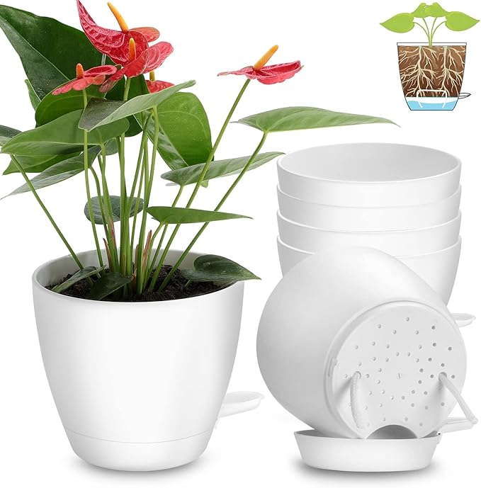 GARDIFE Self Watering Plant Pots with Drainage Holes,6 Pack 7 inch Plastic Flower Pots,Put On Indoor & Outdoor & Window Sill (7 inch|6 pcs, White)