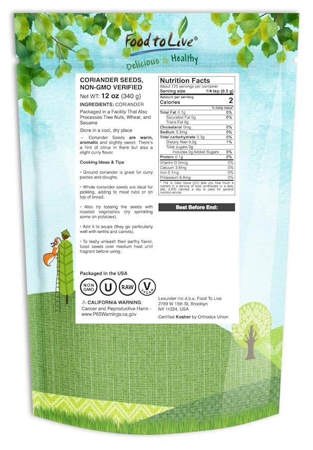 Food to Live - Whole Coriander Seeds, 1 Pound Non-GMO Verified, Dried Cilantro Seeds, Vegan, Kosher, Bulk. Rich in Antioxidants. Perfect for Spice Blends, Homemade Pickles.