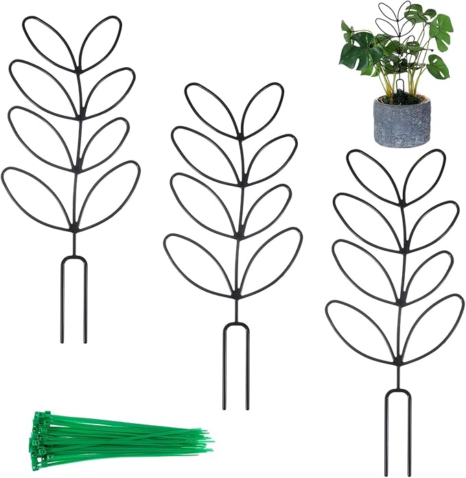 3 Pack Plant Trellis Indoor Small Metal Plant Support Stake for Indoor and Outdoor Plants Use, Leaf Shape Garden Stakes for Climbing and Potted Vine Ivy Flower Houseplant