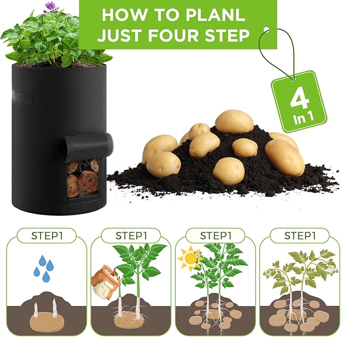 Yoojahow 2 Pack 30 Gallon Potato Grow Bags with Harvest Window, Durable Garden Planter Bags with Handles for Potatoes, Tomatoes, and Vegetables - Indoor & Outdoor Gardening Supplies (Black)