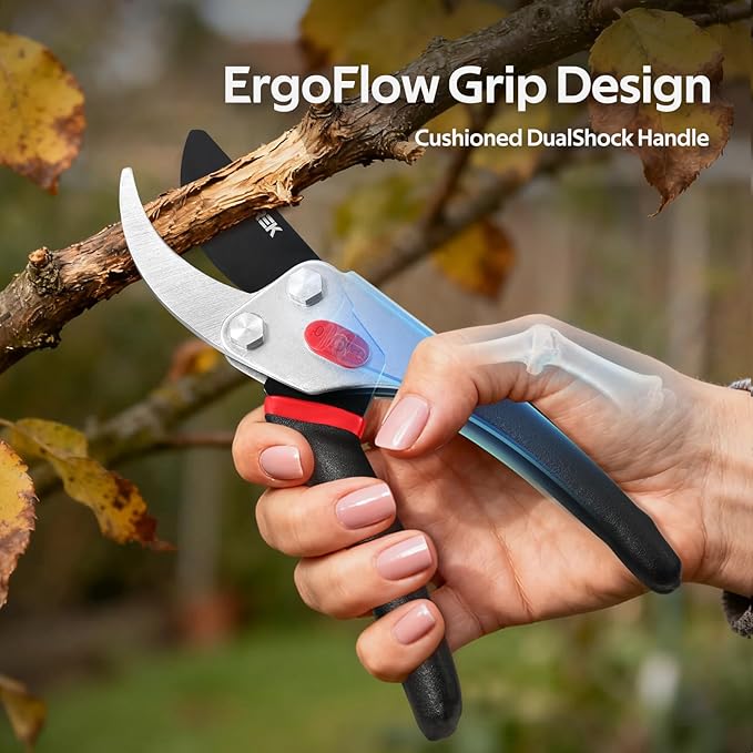 VOTREK® 8.5” Pruning Shears, Professional Garden Pruner with Jam-Proof Spring & Ever-Sharp SK5 Blade, Ergonomic Bypass Clippers for Rose, Tree Trimming, Heavy Duty Bonsai Scissor for Weak Hand