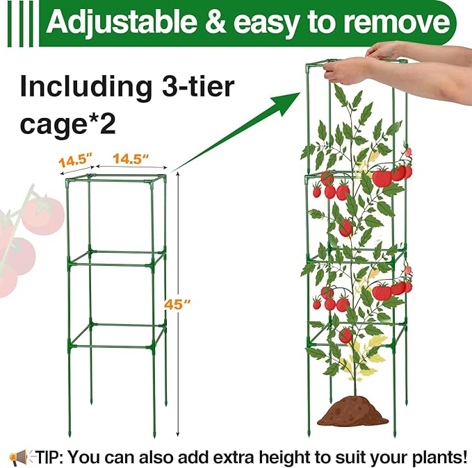 45x14.5x14.5in Adjustable Tomato Cage for Garden - 2 Pack Easy to Assemble Square Tomato Plant Support Poles, Heavy Duty Metal Plant Tower Stakes Cucumber Trellis for Climbing Vegetable Flowers Fruits