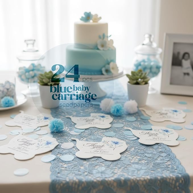 Seed Bloom Carriage-Shaped Seed Paper – 24 pcs Blue Shower Favors for Guests with Wildflower Seeds, Writable & Plantable, Gender Reveal, Birthday Gifts for Guest