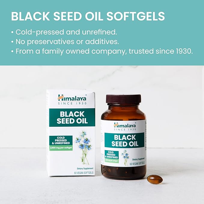 Himalaya Black Seed Oil Softgels, Cold-Pressed & Unrefined Black Seed Oil for Wellness, Non-GMO, Vegan, Gluten-Free, No Additives, 1,000 mg Per Serving, 60 Softgels