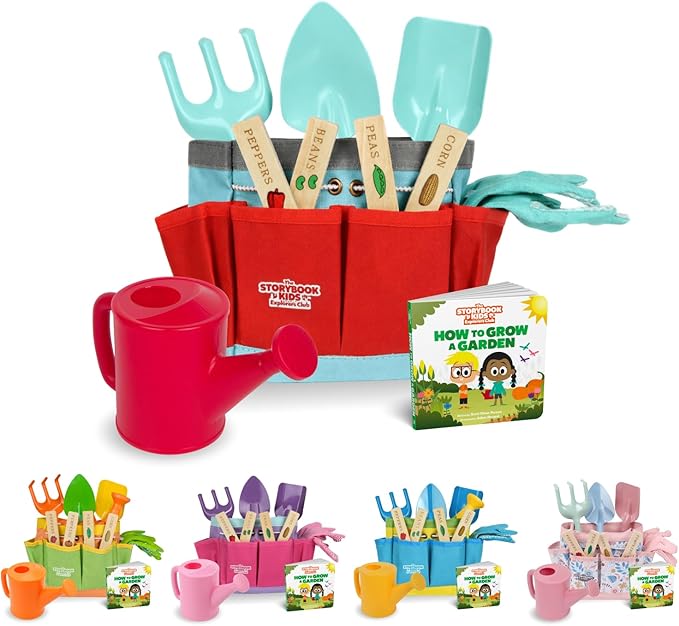 Matching Board Book - Red Kids Gardening Tools Set Includes Sturdy Tote Bag, Watering Can, Shovel, Rake, and Trowel - Garden Storybook - Kids Garden Tools- Easter Gifts for Toddler Age on up.