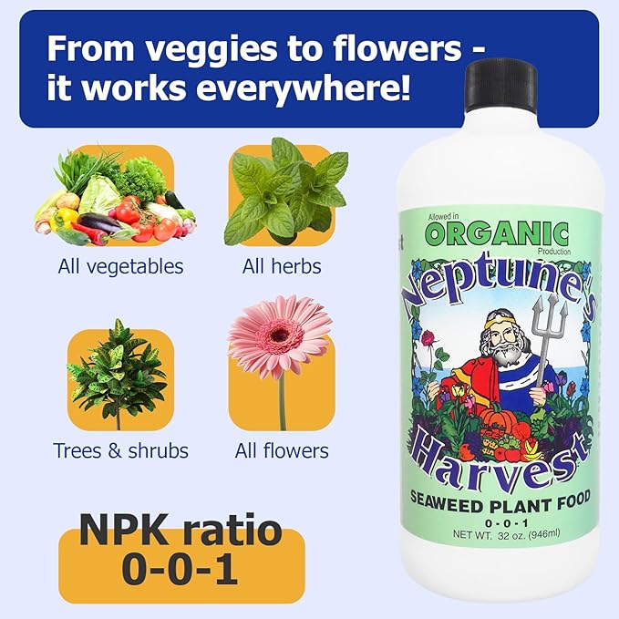 Neptune’s Harvest Seaweed Plant Food (0-0-1) - Multi-Purpose Seaweed Organic Liquid Fertilizer - Indoor & Outdoor Plant Fertilizer for Lawns, Gardens, Vegetables, & Flowers (Quart)