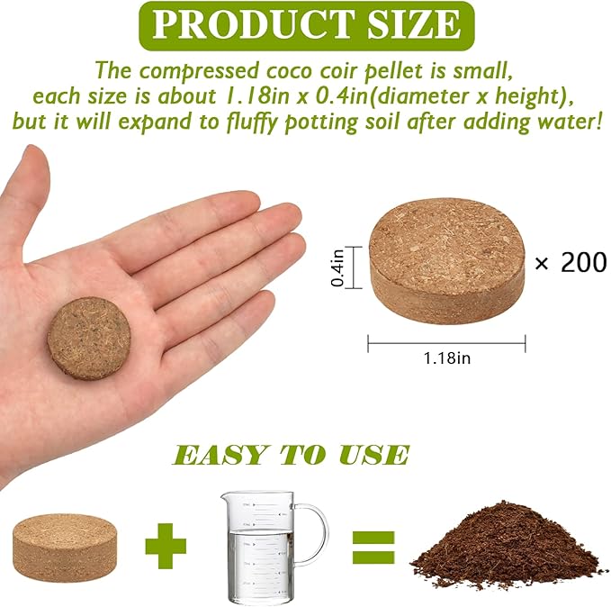 ZeeDix 200pcs 30mm Coco Coir Pellets Potting Soil, Organic Coconut Fiber Seed Starter Soil Pellets, Coconut Coir Soil Discs for Indoor Outdoor Plants, Herbs Houseplants Flowers Succulents Vegetables