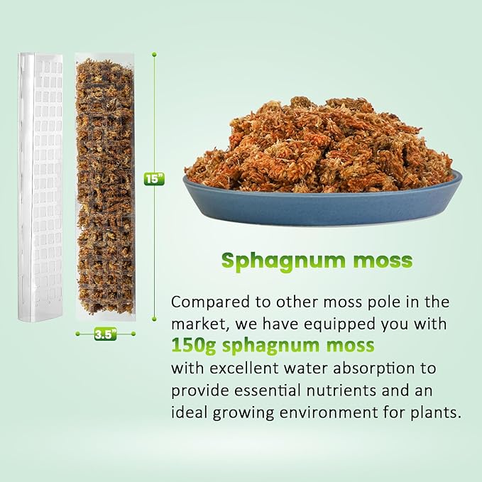 EOX 4 Pcs 15 Inch Plastic Moss Pole for Plants Monstera Set with 5.3oz/150g Sphagnum Moss, Plant Poles for Climbing Plants, Plant Support for Indoor Plants, Garden Ties