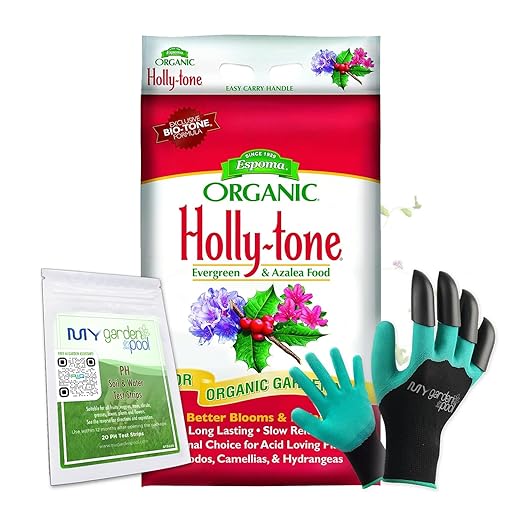 Espoma HT18 Organic Holly-Tone 4-3-4; 18 lb. Bag Evergreen & Azalea Plant Food; with My Garden Pool PH Soil Test Strips 20 ct, and Gardening Claw Gloves and Garden-IQ, Smart Gardening AI Assistant!