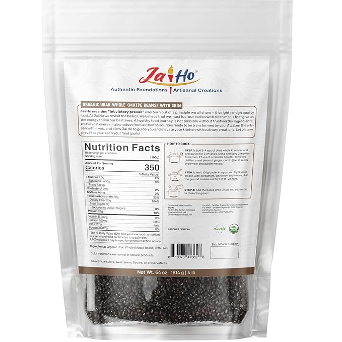 Jai Ho Certified Organic Urad Daal 4 lb | Matpe Beans with Skin | Indian Urad Whole | USDA Organic | Non-GMO | Chemical-Free | (4 Pound, Urad Whole (Matpe Beans with Skin))