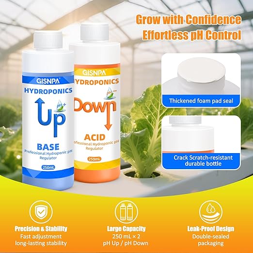 pH Down & pH Up for Hydroponics, pH Control Kit for Hydroponic Nutrients – 250ml pH Down and 250ml(8.45oz/250ml Each) pH Up with 2×50ml Beakers for Nutrient Water pH Adjustment