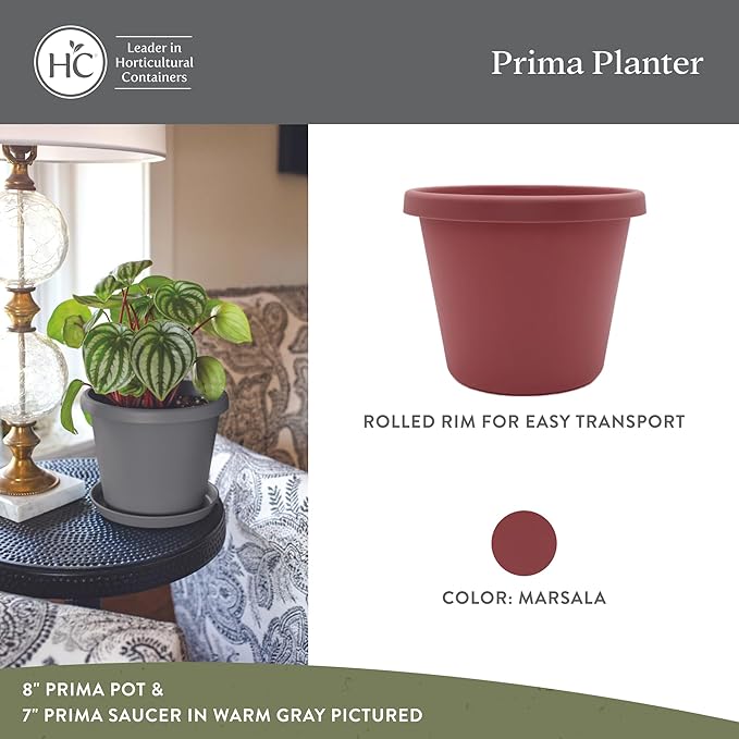 The HC Companies 16 Inch Prima Round Planter Pots with Drainage Holes and Rolled Rim, Lightweight UV-Resistant Plastic Indoor & Outdoor Planters, 2-Pack Flower Pots for Garden & Home Decor, Marsala