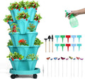 GameXcel Vertical Planter, 5 Tier Stackable Strawberry Planter with Garden Tool Set, Movable Indoor/Outdoor Garden Herb Pot for Growing Vegetables and Succulents, Teal