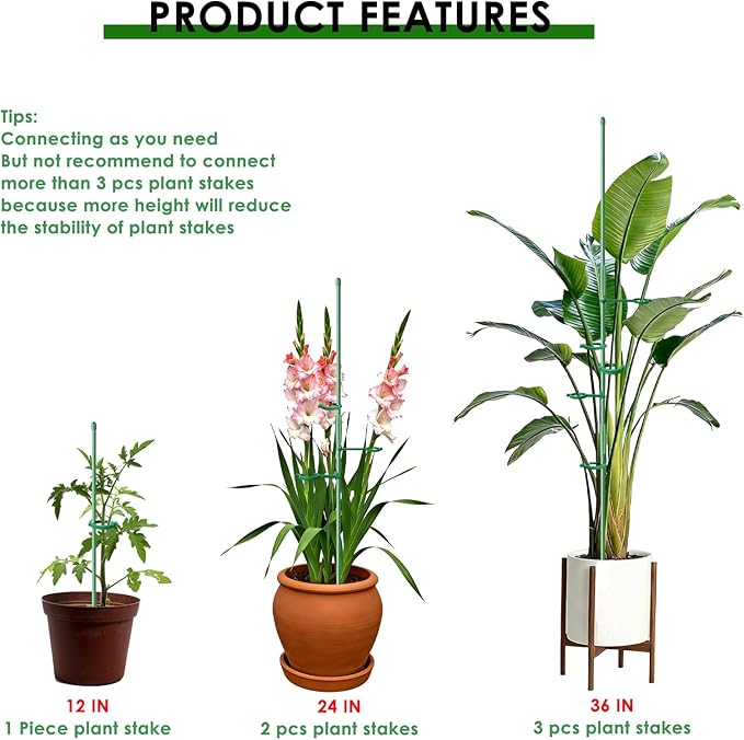 20 Set Plant Stakes 12 inch Extendable Plant Support Stakes with Adjustable Rings, Flowers Stems Plants Sticks for Indoor Outdoor Plants Stabilizer Support Sticks for Orchid Rose Peony Tomato