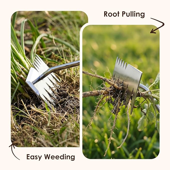 Weed Puller Tool, 2026 Upgraded Portable Manual Weeding Tools Gardening, 6 Teeth Dual Head Stainless Steel Hand Garden Weeding Rake, Weed Remover Tool for Gardening Backyard Yard Farm Planting Weeding