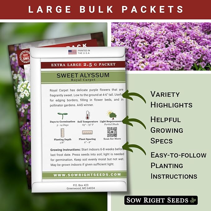Sow Right Seeds - Bulk Alyssum Seeds for Planting - 2.5 Grams, 6200 Seeds - Non-GMO Heirloom Jumbo Pack with Instructions to Plant a Home Flower Garden - Grow Loads of Beautiful Bed Filling Flowers