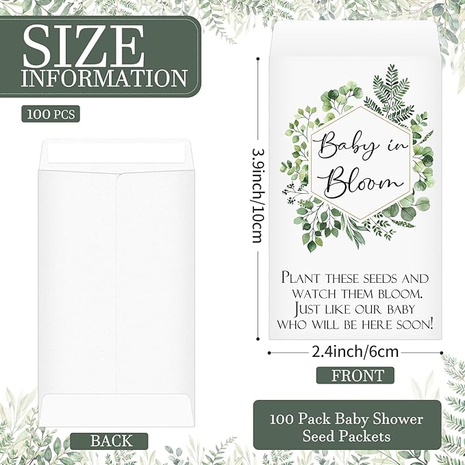 Maitys 100 Pcs Baby Shower Seed Packets Favors for Guests Baby in Bloom Wooden Sign Self Adhesive Envelopes Packet Storage Decor, No Seeds(Green Leaf)