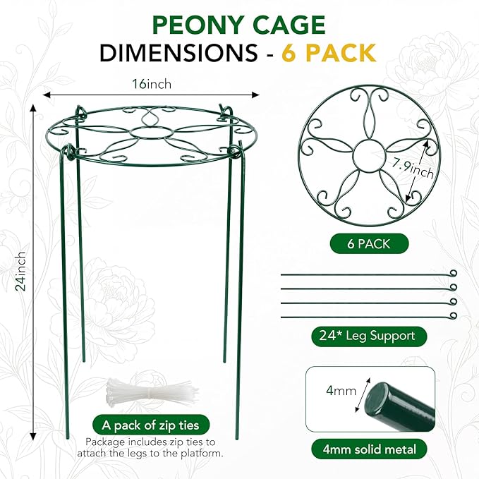 6 Pack 16 x 24 Inch Peony Cages and Supports, 16" D x 24" H Grow Through Plant Support Grid Brace for Outdoor Plants Flower, Metal Peony Stake Peony Ring Hoops Frame Support for Rose Tomato Vegetables