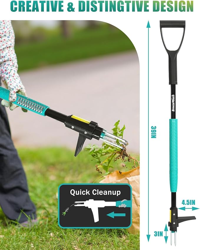 Breeze Touch Stand Up Weed Puller 39" with D-Grip Handle and 3-Claw Steel Head, Long Handle Weed Removal Tool for Lawn & Garden, Removes Dandelion & Crabgrass Without Bending