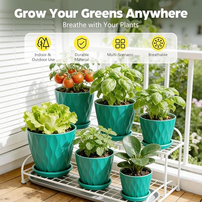 Plant Pots, Self Watering Planters with Drainage Holes and Trays, Flower Pots for Indoor Outdoor - 6 Pack(4/5/6/6.5/7/8 Inch) (Dark Green)