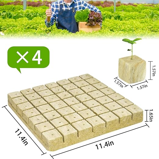 Halatool 1.5 Inch Rockwool Cubes Garden Stonewool Grow Cubes Starter Plugs for Hydroponics Soilless Cultivation Seedlings Cuttings Clone Plants Germination Start (4 Sheets, 196 Plugs in Total)