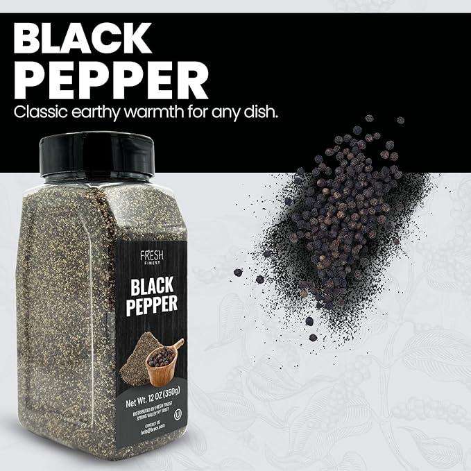 Fresh Finest Course Black Pepper – 12 oz 350G for Home and Commercial Cooking - Course Grind Black Pepper in Practical Container,