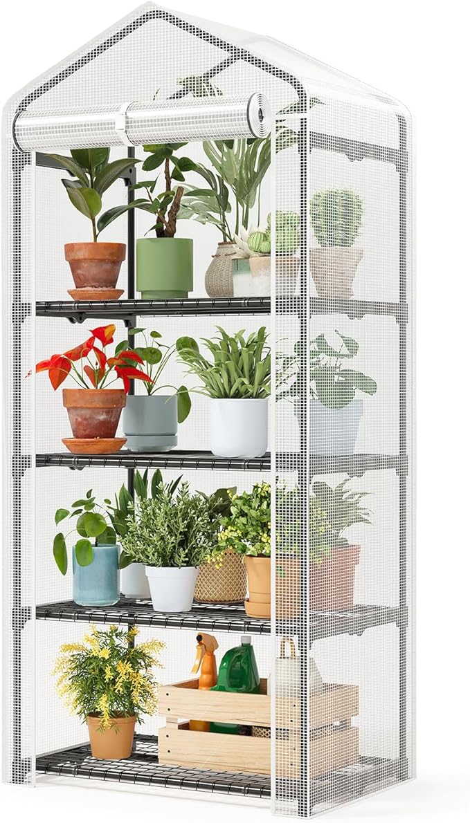 SUPERLELE 4 Tier Mini Greenhouse for Indoor Outdoor, 19.3x27.2x62in Portable Plant Greenhouse with Adjustable Shelves, Reinforced PE Mesh Cover, Heavy Duty Steel Frame, Waterproof for Balcony Patio