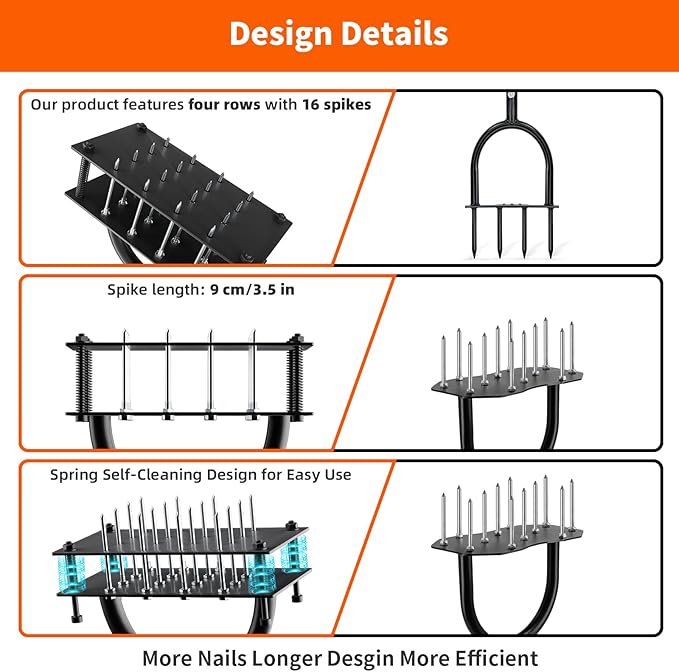 Lawn Aerator Tool (Pre-Assembled), 16 Iron Spikes with Spring-Loaded Auto Cleaning, Ergonomic T-Handle, Manual Grass Aerators for Lawn, Yard, Garden Soil Loosening & Aeration, Gloves Included (Black)
