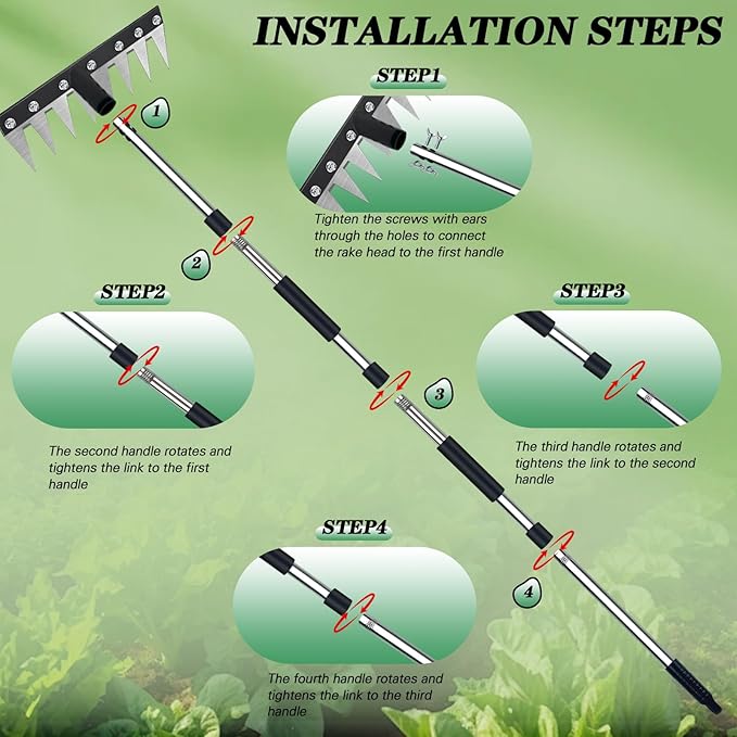 Thickened Version Stainless Steel Weeding Tool, 8 Tines Manual Weeder Rake, Garden Weed Puller Tool with Adjustable Length Handle, Weeder Rakes for Weeding Loosen The Soil and Collect Fallen