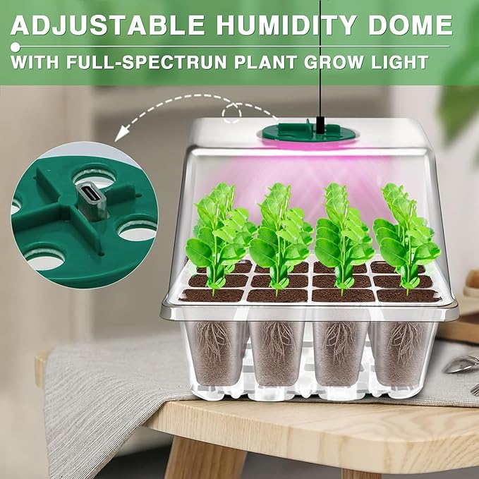 YAUNGEL Seed Starter Tray with Grow Light, 4 Pack Seed Starter Kit with Timing Controller Adjustable Brightness, Thicken Seedling Starter Trays with Humidity Domes Heightened Lids, Transparent