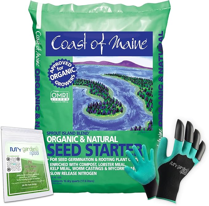 Coast of Maine SI4000 Sprout Island Seed Starting Mix 16 qt with My Garden Pool 7-in-1 Soil Test Strips, 20 ct. and Claw Gardening Gloves
