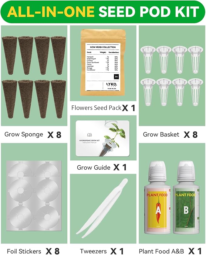 Vibrant Flower Seed Pod Kit Compatible with Gardencube, idoo,Ahopegarden Hydroponics Growing System with Marigold,Snapdragon,Cosmos,Sunflower,Zinnia,Lavender,Borage,Coneflower(8-Pod)