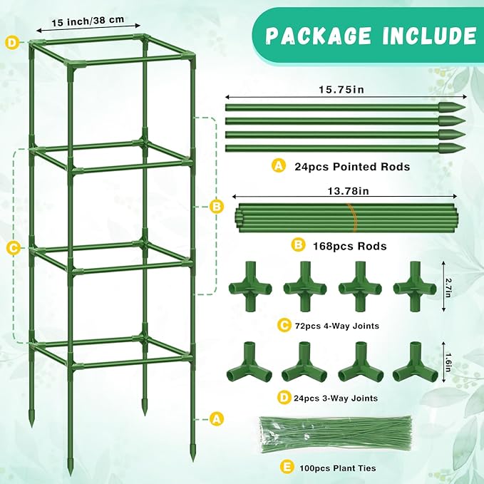 Riare 6 Pack Square Tomato Cages for Garden Plant Support- Up to 60 Inch Tomato Cage Garden Stakes Tomato Trellis for Potted Plants Raised Garden Bed Climbing Vegetables Flowers Outdoor Indoor