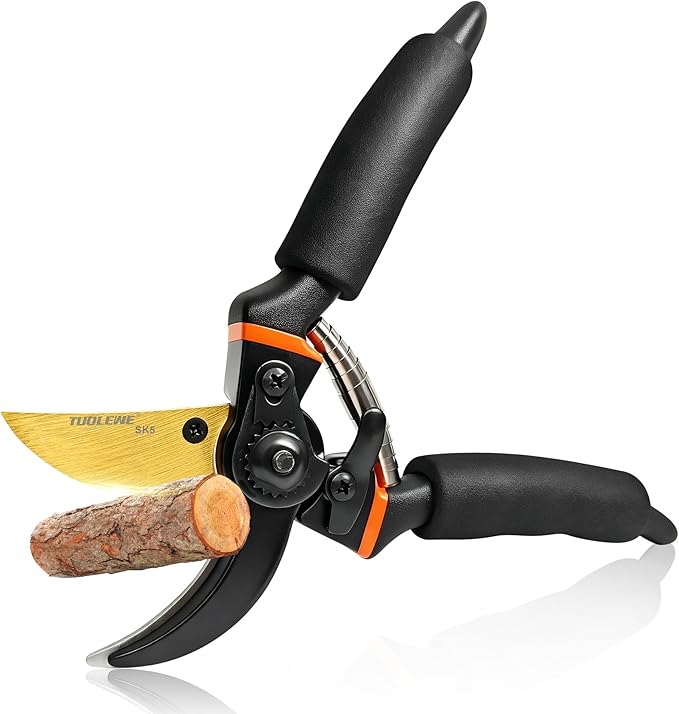 8.5 Inch Pruning Shears, Bypass Pruners with Titanium-Coated Japanese SK5 Steel Blade, Heavy Duty Garden Shears for Trimming Branches, Gardening Hand Tools with Ergonomic Handles