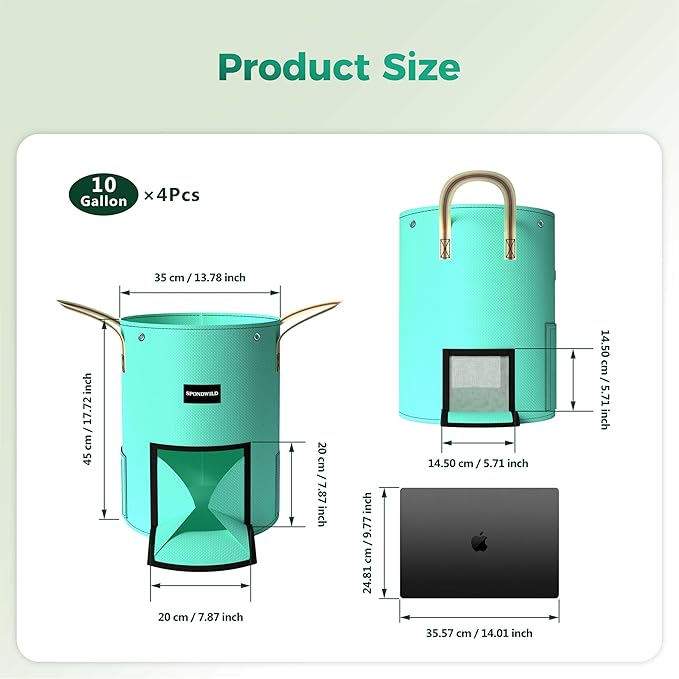 4 Pack 10 Gallon Potato Grow Bags, PE Garden Planter Bag with Breathable Screen Windows and Reinforced Handles for Potatoes, Tomatoes, Carrots and Onions
