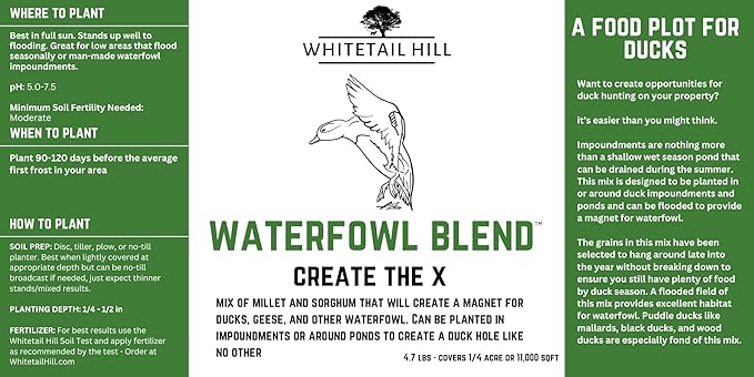 Whitetail Hill Waterfowl Blend Food Plot Seed Mix for Ducks, Geese, and Other Waterfowl, 1/4 Acre or 1 Acre, Flood It and Hunt It, Millets, Grain Sorghum, Buckwheat