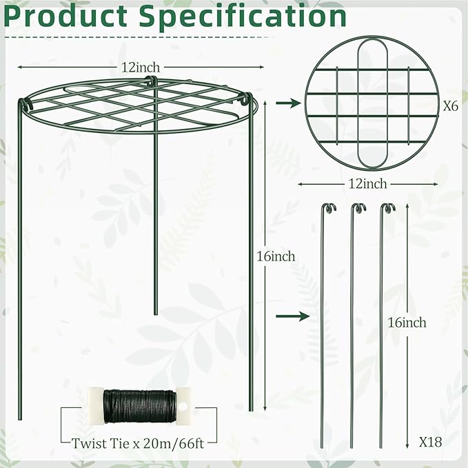 6 Pack Peony Cages and Supports 12 x 16 Inch Grow Through Plant Supports for Outdoor Plants,Plant Brace Flower Support Rings Hoops for Vegetables,Rose,Tomato,Orchids