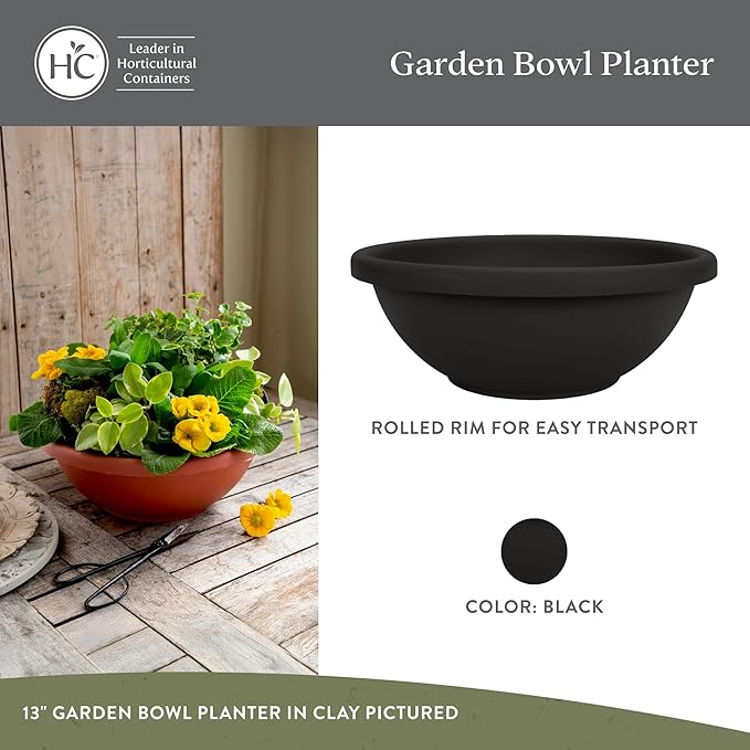 The HC Companies 13 Inch Shallow Garden Bowl Plant Pot with Drainage, Lightweight UV-Resistant Plastic Planters for Succulents, Herbs & More, 2-Pack Planters for Indoor Outdoor Home Decor, Black