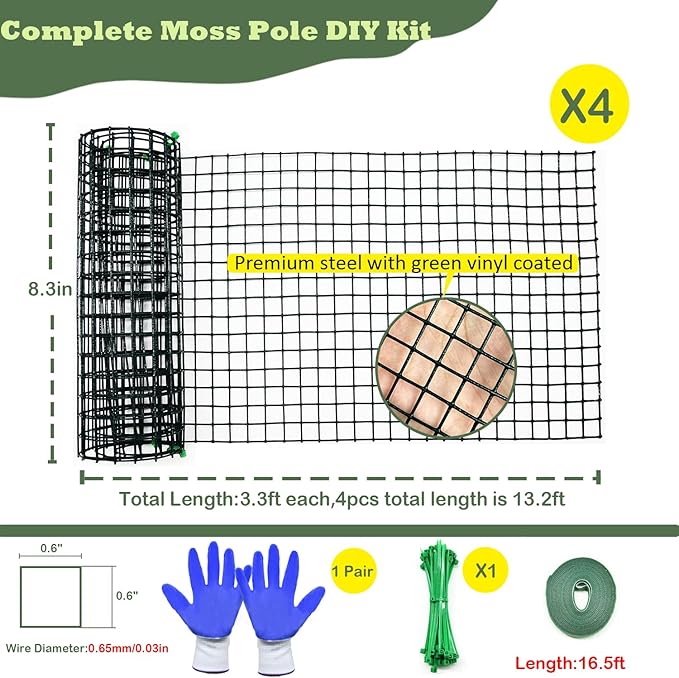 Moss Pole DIY Kit, 13.2ft Metal Moss Pole for Plants Monstera, 4Pcs 8.3in×3.3ft Steel Wire Mesh with Cable Ties, Max Make 7Pcs 23" Sphagnum Moss Pole (13.2FT Wire Mesh Without Plier)