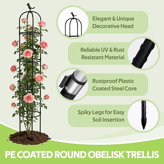 2 Pack Obelisk Trellis for Climbing Plants Outdoor - Heavy Duty Plastic Coated Steel Garden Arch Metal Trellis - Rustproof Tomato Cage Vertical Plant Support for Vines Vegetable Flower Indoor