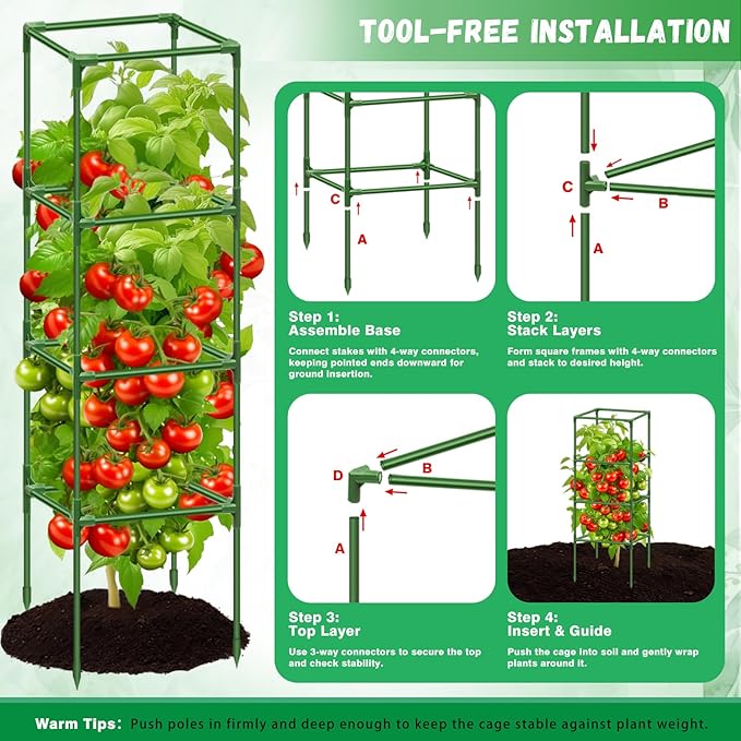 Riare 2 Pack Square Tomato Cages for Garden Plant Support- 60 Inch Heavy Duty Tomato Cage Garden Stakes Tomato Trellis for Climbing Plants Vegetables Flowers Outdoor Indoor