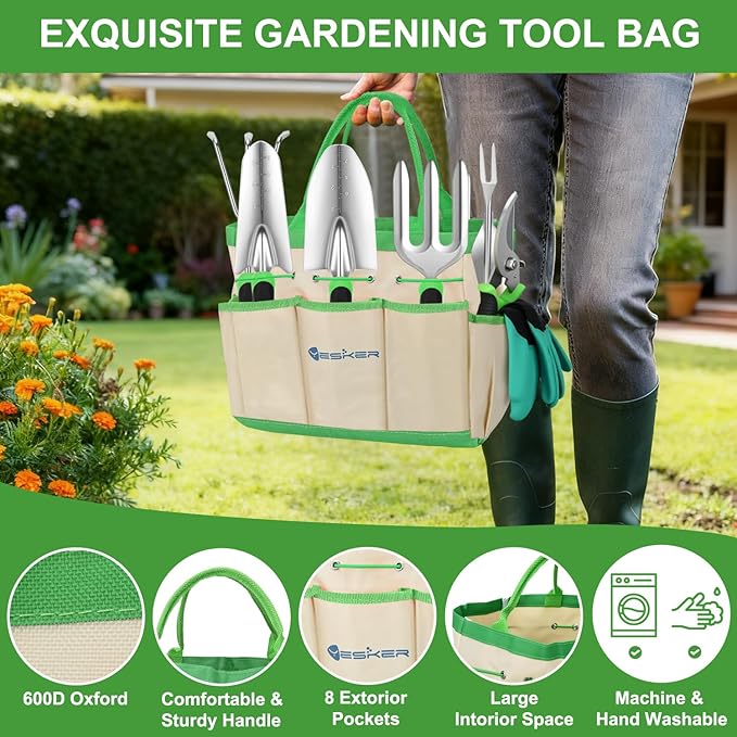 Yesker Gardening Tools 9-Piece Heavy Duty Garden Tool Set Gardening Supplies Gifts for Women Men Gardening Hand Tool Kit with Non-Slip Ergonomic Handle, Garden Bag, Durable Gloves and Shears, Green