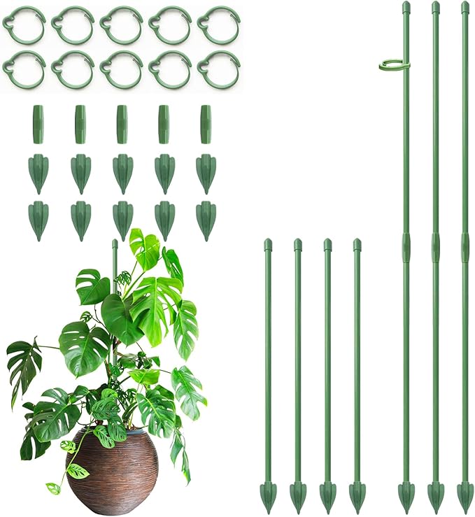 RIFNY Plant Stakes for Indoor Plants, 14 Inch Plant Support Stakes with Clips, Tall Adjustable Plant Sticks for Indoor Monstera Tomato Orchid Potted Plants Flower (10 PCS, Green)