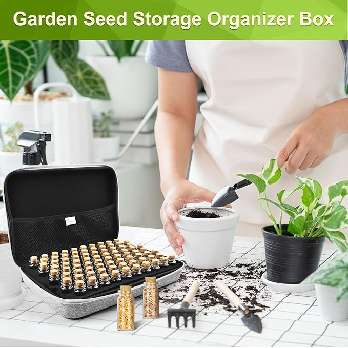 SMUJU 【80 Slots】 Seed Storage Organizer, Sturdy Seed Organizer Storage Box with Dual Zipper Bag and 84Pcs Label Stickers, Glass Seed Storage Container for Flower Vegetable Plants Garden Seeds Saving