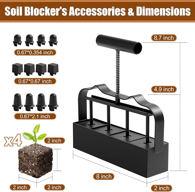KHAMAL Soil Blocker for Seed Starting 4 Cell - 2 inch Soil Block Maker with Ergonomic Handle & 3 Types of Seed Pins for Garden, Outdoor Plants